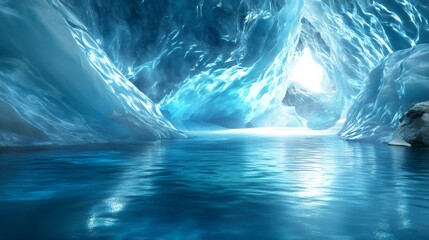 Fototapeta premium A serene, picturesque scene of a glacial cave with a reflecting pool of icy blue water, bathed in soft light.