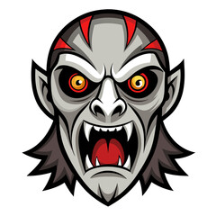 a cartoon-style illustration of a vampire's face. The vampire has a pale gray complexion with sharp, exaggerated features. It has large, pointed ears and a wide-open mouth showing sharp fangs
