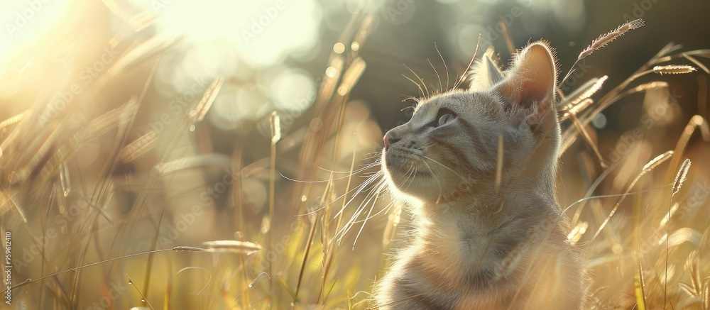 Poster gray and white cat on a meadow with the bright sun shining on its face. copy space image. place for 