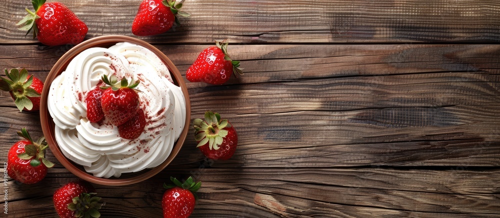 Poster tasty strawberries with whipped cream presented on a wooden table flat lay area for text. copy space