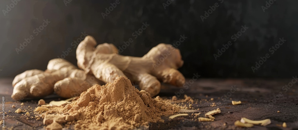 Poster ginger powder and fresh root. copy space image. place for adding text and design