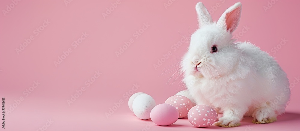 Poster white easter bunny with eggs on a pink background isolated the fluffy rabbit gazes at the camera eas