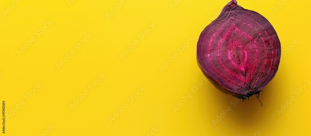 Poster close up of a tasty beetroot sliced in half against a yellow background. copy space image. place for