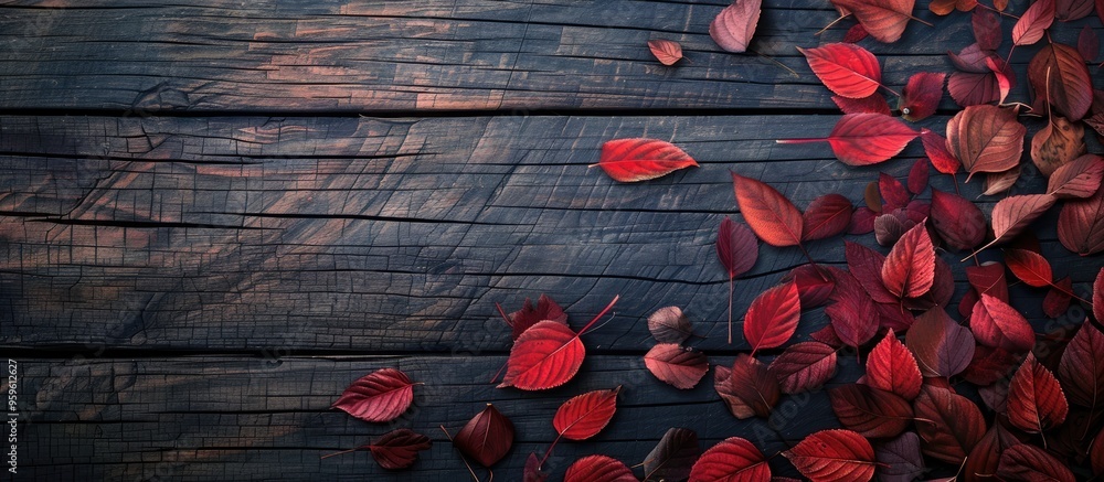 Wall mural autumn leaves on a wooden surface. copy space image. place for adding text and design