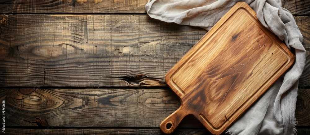 Poster empty wooden cutting board with a kitchen cloth on a wooden background. copy space image. place for 