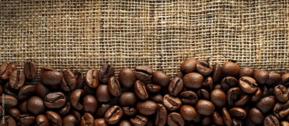 Poster coffee beans on coarse burlap. copy space image. place for adding text and design