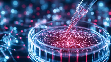 Close-up of a pipette dispensing liquid into a petri dish, showcasing modern scientific research and vibrant laboratory environments.