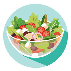 a salad in a glass bowl. The salad contains a variety of ingredients, including leafy greens, sliced tomatoes, cucumber, olives, onion rings, and small cubes of cheese