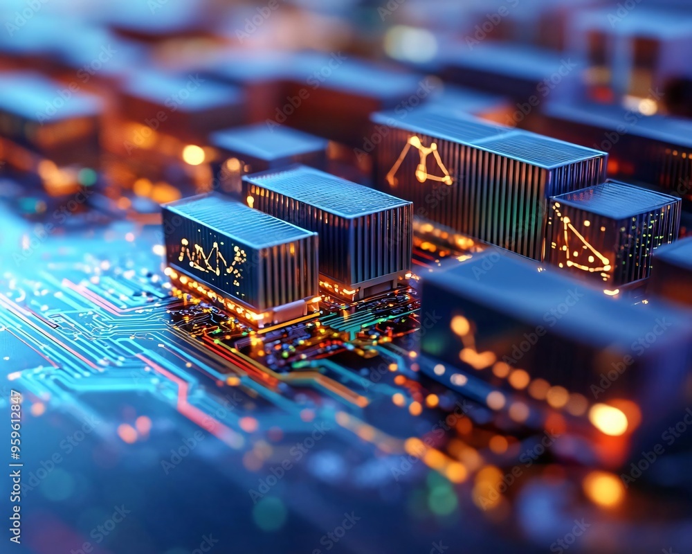 Poster close-up view of a circuit board with illuminated components, showcasing modern technology and intri