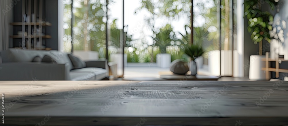 Poster tabletop and blurred interior background. copy space image. place for adding text and design