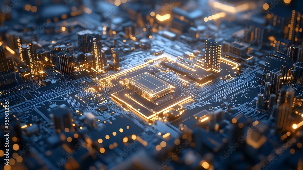 Poster close-up view of a futuristic circuit board with glowing components and intricate patterns, represen