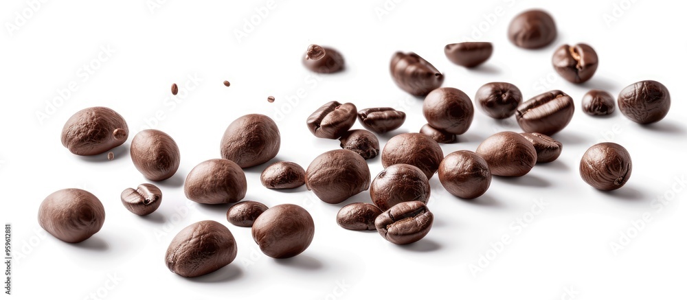 Poster roasted brown coffee beans and seeds set against a white background. copy space image. place for add