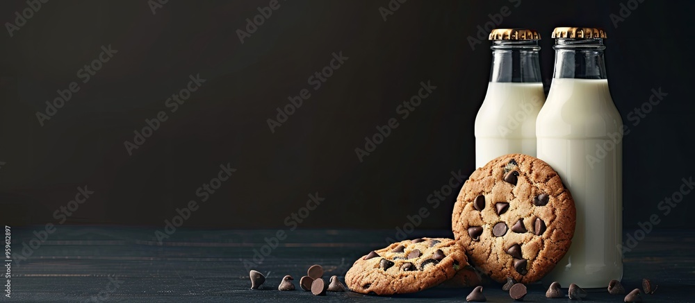 Sticker Two bottles of milk alongside chocolate chip cookies on a dark background with copyspace