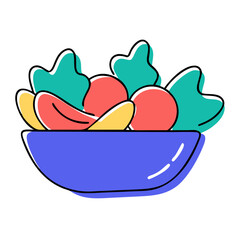a simple, colorful illustration of a bowl of salad. The bowl is blue and contains various salad ingredients. There are red circles representing tomatoes, green leafy shapes representing lettuce