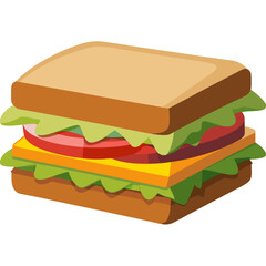 a cartoon-style illustration of a sandwich. It consists of two slices of brown bread with several layers in between. The layers include green lettuce, a slice of red tomato, a slice of yellow cheese