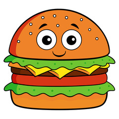 a cartoon illustration of a hamburger with a smiling face. The hamburger has a top bun with sesame seeds, large eyes, and a small smile