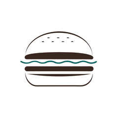 a simple, stylized drawing of a hamburger. It features a bun with sesame seeds on top, a patty, and a wavy line representing a layer of lettuce or another ingredient