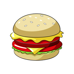 a cartoon-style illustration of a hamburger. It features a sesame seed bun on top, with layers of yellow cheese, red tomato slices, a beef patty, and green lettuce