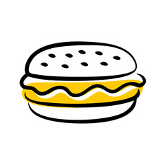 a simple, stylized illustration of a hamburger. It features a white bun with black dots on the top to represent sesame seeds. The filling includes a yellow layer, likely representing cheese or a patty