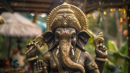 Obraz premium Stunning golden sculpture of lord ganesha, symbol of wisdom, prosperity, and good fortune