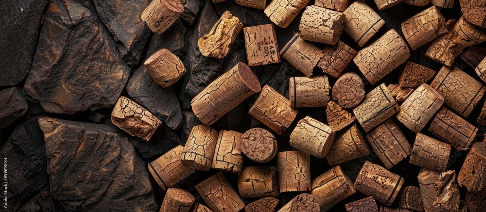 Poster corks from wine bottles vintage design top view. copy space image. place for adding text and design