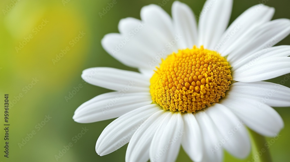 Poster a macro view of a daisy with crisp white petals and a bright yellow center, capturing the simplicity