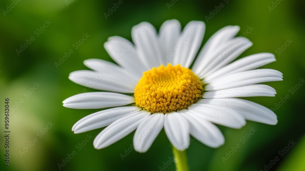 Poster a macro view of a daisy with crisp white petals and a bright yellow center, capturing the simplicity
