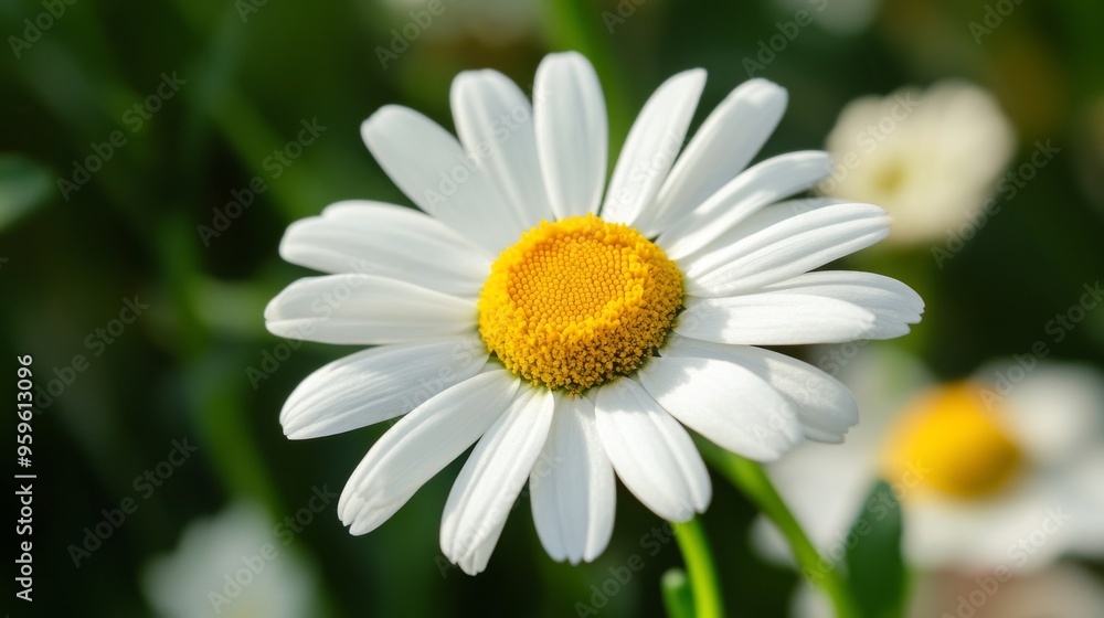 Poster a macro view of a daisy with crisp white petals and a bright yellow center, capturing the simplicity
