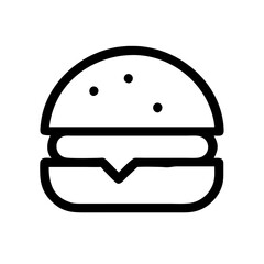 a simple black and white line drawing of a hamburger. It shows a burger with a top bun that has three small dots representing sesame seeds, a patty in the middle, and a bottom bun