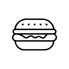 a simple black and white line drawing of a hamburger. It shows a bun with a few dots on the top, representing sesame seeds. Inside the bun, there is a wavy line that likely represents a patty