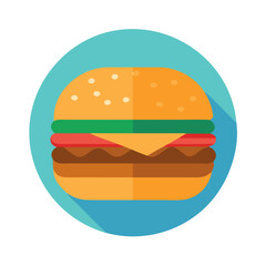 an illustration of a hamburger. It features a round bun with sesame seeds on top, a layer of lettuce, a slice of tomato, a slice of cheese, and a beef patty. 