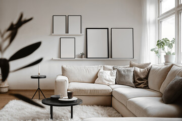 Gallery of empty mockups, black frames. Din A ratio of blank on white trendy background in scandinavian style. Poster frame mock up above sofa in elegant living room interior with coffee table, plants