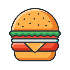 a cartoon-style illustration of a hamburger. It features a sesame seed bun on top, with a layer of green lettuce, a slice of white onion, a slice of red tomato, a slice of yellow cheese, and a beef pa