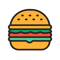 a simple, cartoon-style illustration of a hamburger. It features a round, yellow bun with small black dots on the top to represent sesame seeds. Inside the bun, there are layers that include a green 