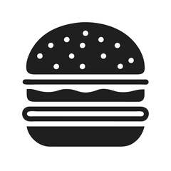 a simple black and white icon of a hamburger. It features a round bun with sesame seeds on top, a wavy line representing a layer of sauce or cheese, and two straight lines