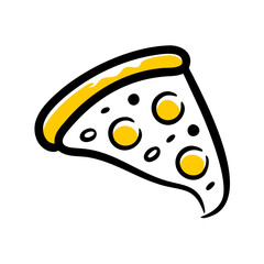  a simple, stylized drawing of a slice of pizza. The pizza slice is depicted with a thick, yellow crust and is topped with three yellow circles, representing pepperoni or cheese, and a few small black