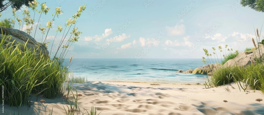 Poster summer day beach landscape. copy space image. place for adding text and design