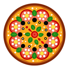  an illustration of a pizza viewed from above. The pizza has a brown crust and is topped with various ingredients arranged in a symmetrical, decorative pattern