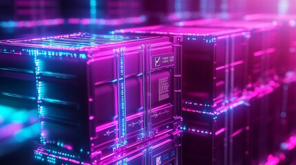 Fototapeta premium Futuristic storage containers illuminated with vibrant neon lights, showcasing technology and innovation in logistics and warehousing.