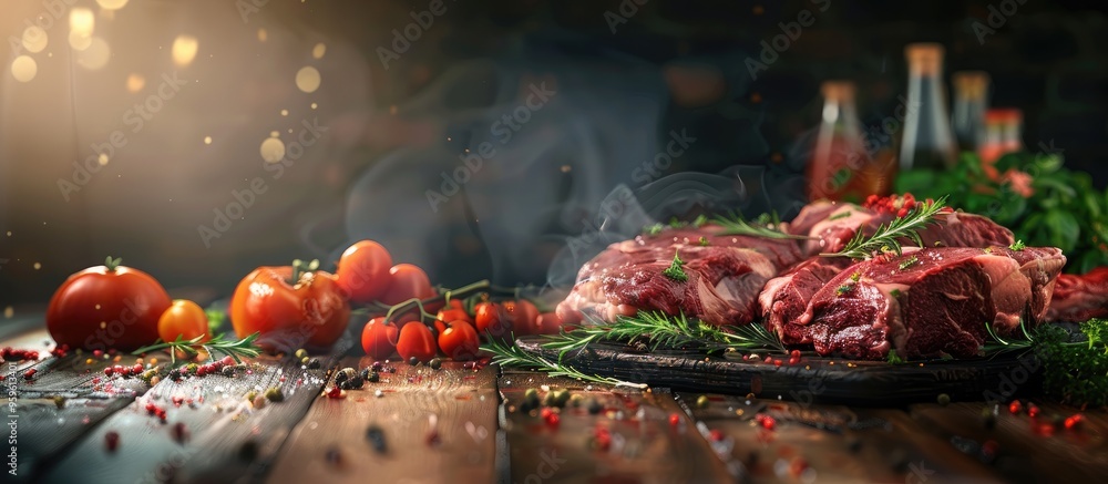 Poster various fresh cuts of meat on a kitchen table. copy space image. place for adding text and design