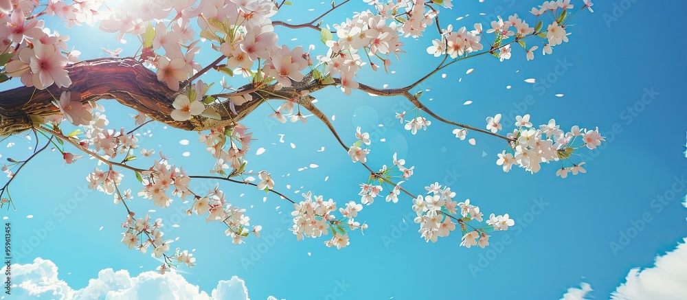 Aufkleber branch of a cherry blossom tree in a sunny garden with a clear blue sky in the background gentle nat