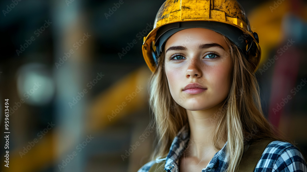 Poster A young woman wearing a hard hat in an industrial setting.