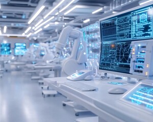 Fototapeta premium Futuristic workspace with monitors and robotic arms, showcasing advanced technology in a clean, high-tech environment.