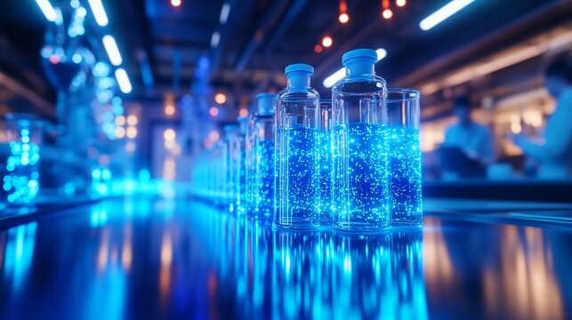 Glowing laboratory vials with blue liquid shimmering in a modern research facility, showcasing scientific innovation and creativity.