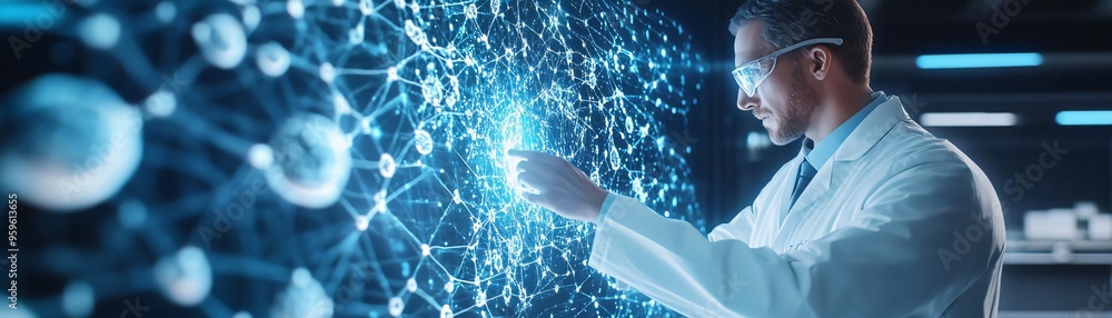 Poster scientist interacts with digital data, exploring connections and innovations in a futuristic laborat