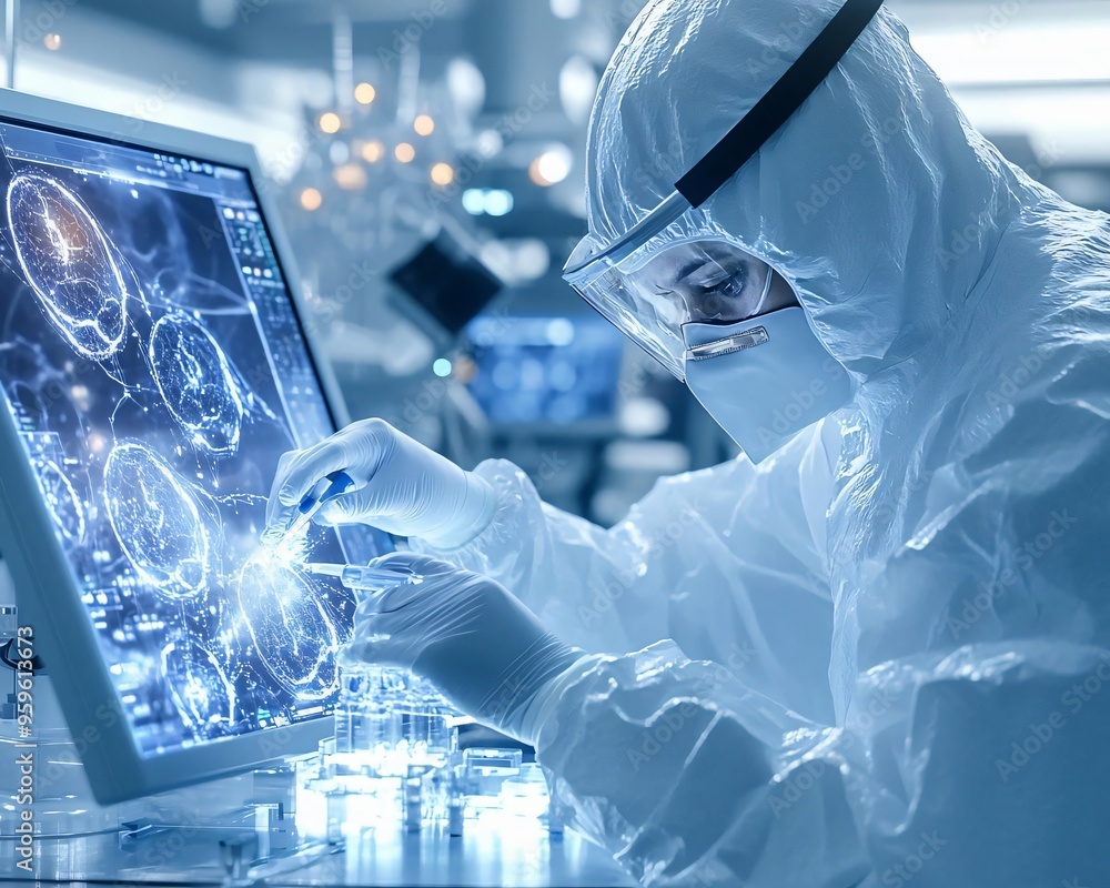 Poster scientist in protective suit analyzing data on computer screen in modern laboratory, focused on scie