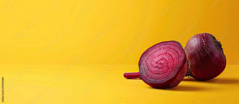 Poster close up of a tasty beetroot sliced in half against a yellow background. copy space image. place for