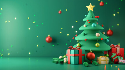 Fototapeta premium Cute Christmas tree theme with green background,