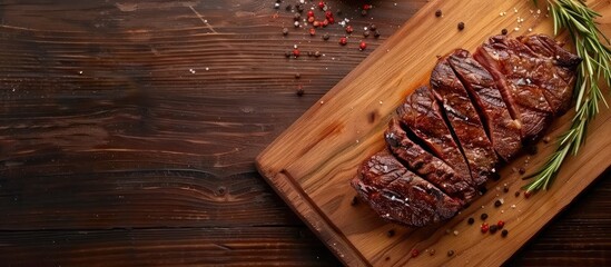 Grilled beef steak seasoned with spices on a cutting board Top view with copy space