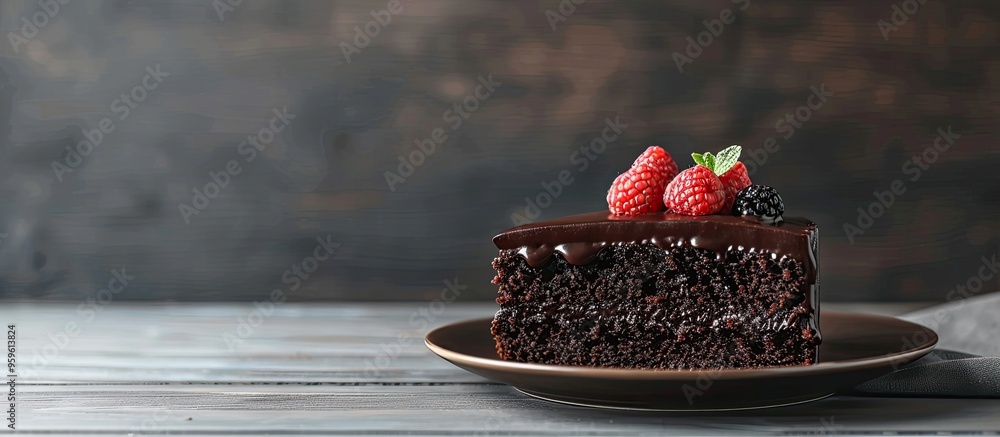 Poster slice of delicious homemade chocolate cake on the table. copy space image. place for adding text and